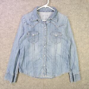 Denim Western Shirt Womens Medium Long Sleeve Pearl Snap Pockets Cowboy Western